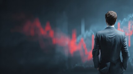 Businessman facing a red stock market graph showing a downward trend on a dark background