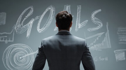 A man in a suit faces a chalkboard displaying the word GOALS and various business charts and diagrams