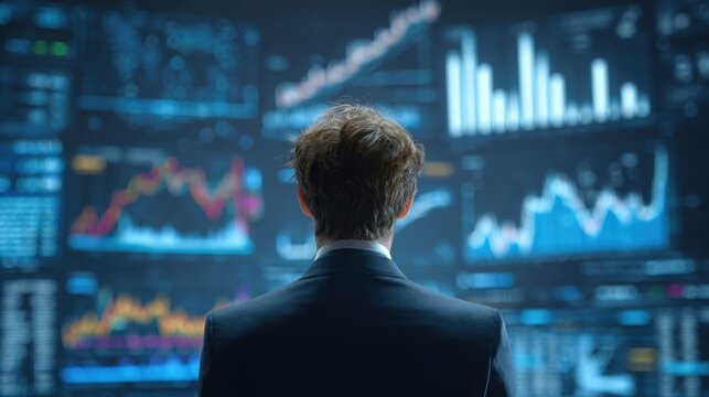 Businessman in suit observing glowing stock market graphs on multiple digital screens in a dark room - Powered by Adobe