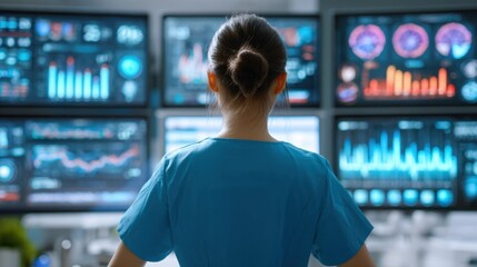 Woman in blue uniform observing multiple screens displaying complex data and charts