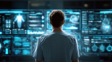 Medical professional observing multiple glowing blue futuristic digital displays showing human anatomy and data