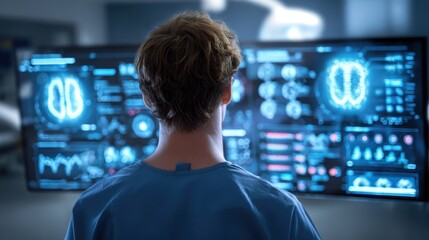 Person in blue scrubs analyzing glowing blue futuristic medical data on multiple screens