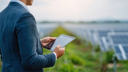 Businessman in suit using a tablet at a solar power farm surveying renewable energy panels