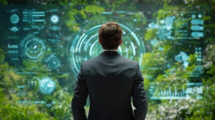 Businessman in suit facing glowing futuristic interface displaying environmental data with green foliage
