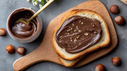 Toast with chocolate cream spread and hazelnuts on a wooden board showcases delicious breakfast options in a kitchen setting