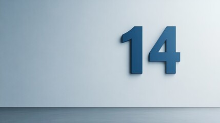 A large blue number fourteen on a plain white wall with a grey floor