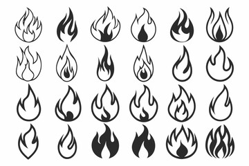 thoughtful_ Vector set of black and white abstract shapes and symbols featuring fire flames and water drop icons for nature logo design elements