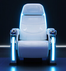 Cinema concept - Front view of White ligths cinema chair isolated on white background. 3d illustration.  White leather armchair