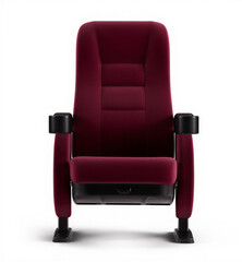 Cinema concept - Front view of red cinema chair isolated on white background. 3d illustration.  Red leather armchair