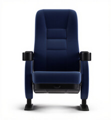 Cinema concept - Front view of blue cinema chair isolated on white background. 3d illustration.  Blue leather armchair