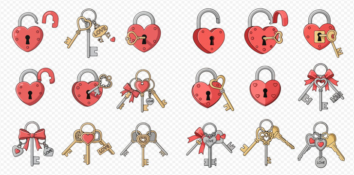 Set of cartoon heart-shaped locks and keys for love and security concepts.