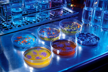 Petri dishes with samples under blue light in a laboratory setting during a scientific research session