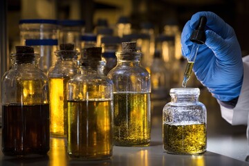 Scientist using a dropper to transfer liquid from a glass bottle in a laboratory setting