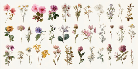A vibrant collection of delicate watercolor wildflowers and botanical elements, showcasing a variety of colors and textures, isolated on a transparent background.