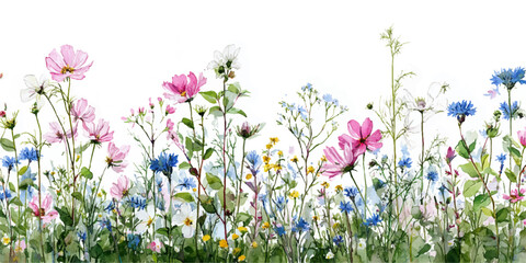 Watercolor wildflower meadow with pink and blue blooms