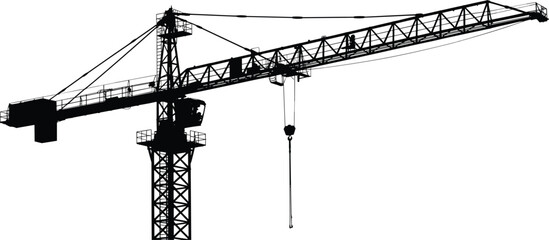 Tower crane silhouette isolated on white background, heavy construction industry equipment for building infrastructure development projects worldwide urban engineering use