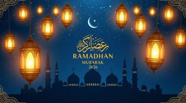 Ornate Ramadhan Mubarak 2026 Greeting Card Design with Traditional Lanterns