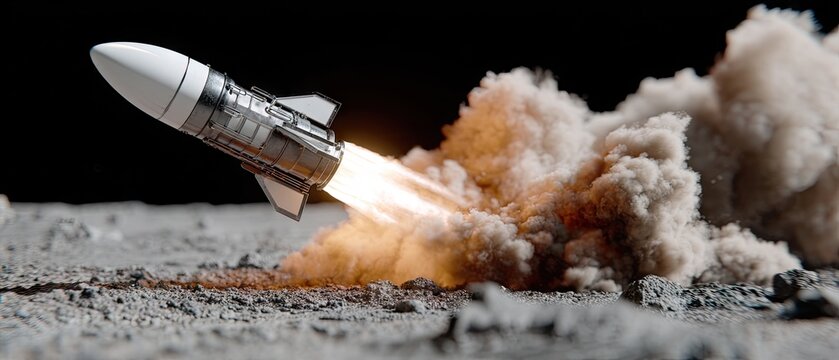 Light bulb-shaped rocket launches from the ground and lights up the night sky in a display of energy and movement against a backdrop of stars - Powered by Adobe