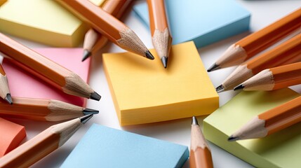 Colorful pencils and post-it notes on a white surface for creative work or learning with space for text or logo