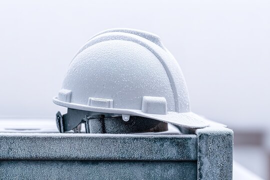 Construction hard hat covered in frost sitting on a concrete surface in cold winter weather conditions