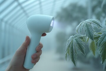Hand holding a light tool while observing frost-covered plant leaves inside a greenhouse in the morning