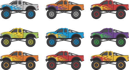 Colorful monster pickup truck set illustration, off road racing vehicles collection, cartoon vector design, isolated on white background, high detail © Ashik Creatives