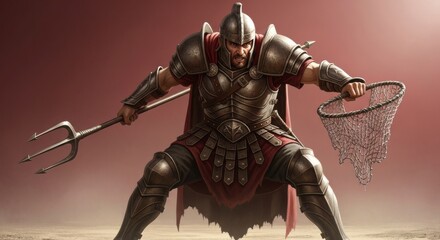 Fototapeta premium Powerful Gladiator Retiarius with Three-Pronged Trident and Capture Net in Battle