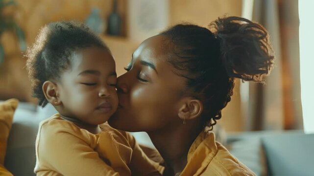 Emotional close-up of a baby girl being kissed by her mother on the cheek.