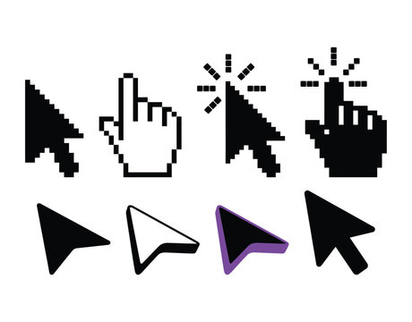 Collection of cursors, pixel cursor, hand pointer, digital icons, computer mouse pointers, different cursor styles, graphic design elements