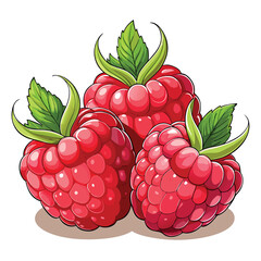 Three bright red raspberries with shiny highlights and green leaves