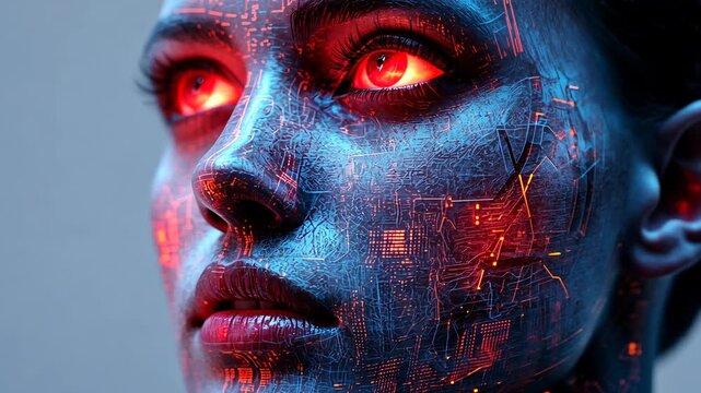 Close-up of a futuristic woman's face with glowing red eyes and circuit board patterns.