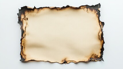 A piece of burnt paper with a rough edge on a white background