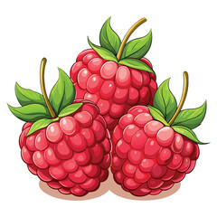 Three bright red raspberries with shiny highlights and green leaves