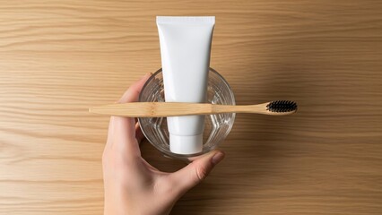 Dental hygiene setup with toothbrush toothpaste and hand on wooden surface