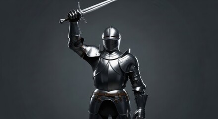 Resilient Medieval Knight Raising a Sword in Triumph Against a Dark Background