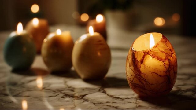 Decorative candle in egg shape on marble surface with soft lighting  