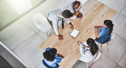 Teamwork, meeting and above of doctors on tablet for online results, medical report and research....