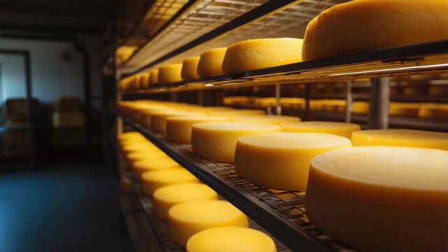 Aisle in a cheese factory with neat rows of wheels on shelves. Batches of uncooked product awaiting the next phase of production.