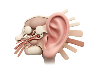 3D Human Ear Anatomy Cross-Section with Nerves and Skull Structure Isolated on Transparent Backgr...