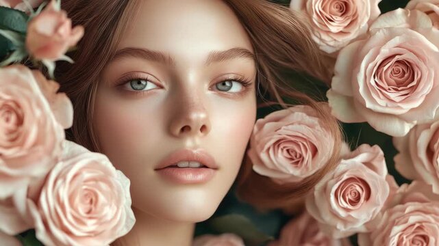 Female model with rosy lips and eyes, smiling, amidst pink roses.
