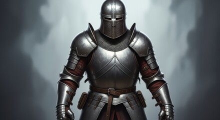 Fototapeta premium Frontal Standing Portrait of a Knight in Heavy Steel Armor Against Dark Grey