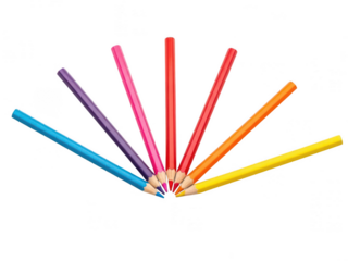 A colorful array of colored pencils in a fan shape isolated on transparent background