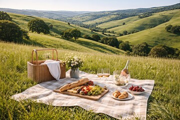 Serene outdoor picnic experience with a wicker basket vibrant landscape filled with greenery delicious foods displayed invitingly under natural sunlight