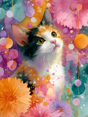 Adorable Calico Kitten with Colorful Flowers and Watercolor Splashes - Whimsical Art