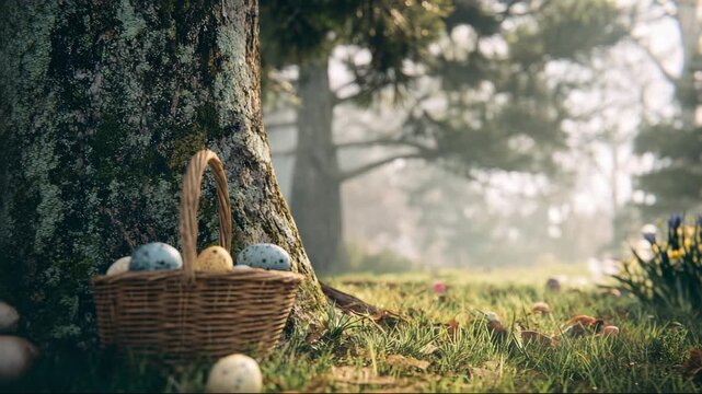 Easter basket with colorful eggs beside tree in serene forest  