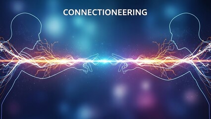 Connectioneering: Abstract Digital Brain Networking and Telepathy Concept Art with Glowing Energy Lines between Two Human Silhouettes.