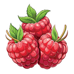 Three bright red raspberries with shiny highlights and green leaves