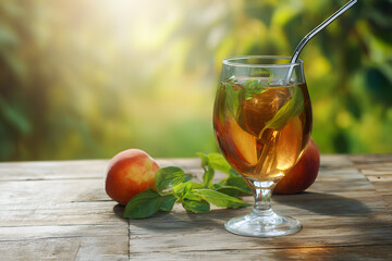 Refreshing drink with mint and peach on a wooden table in a sunny garden setting