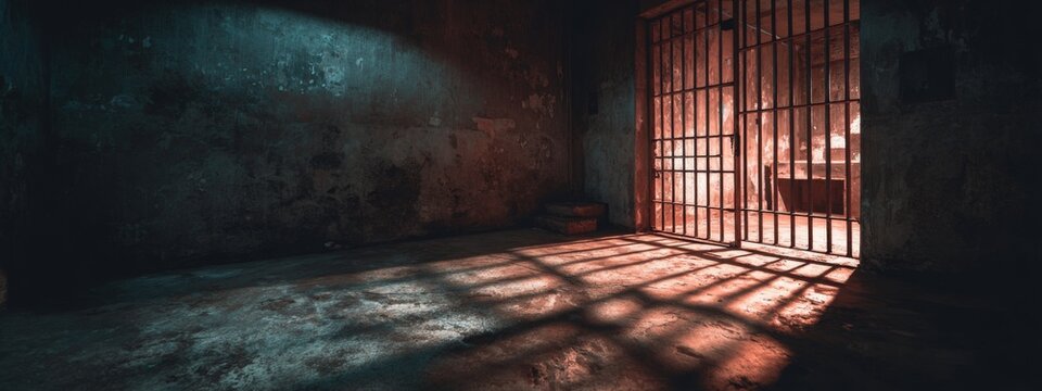 Interior of a Dimly Lit Prison Cell with Steel Bars and Shadows Casting Across the Concrete Floor