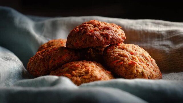 Freshly baked cookies stacked on a soft cloth background   